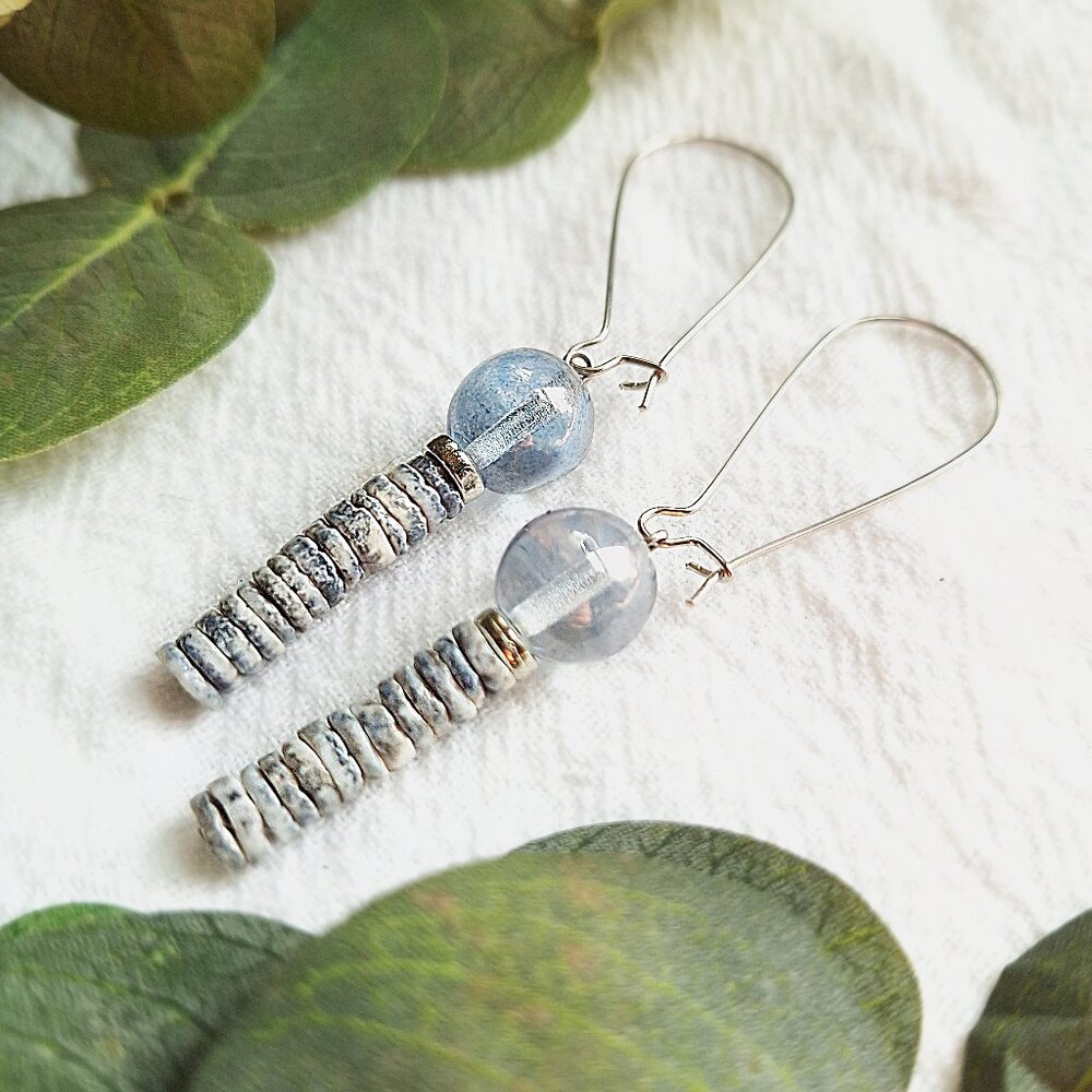 Pale Blue Boho Shell Earrings, Coastal Minimalist Earrings, Clean Girl Drop
